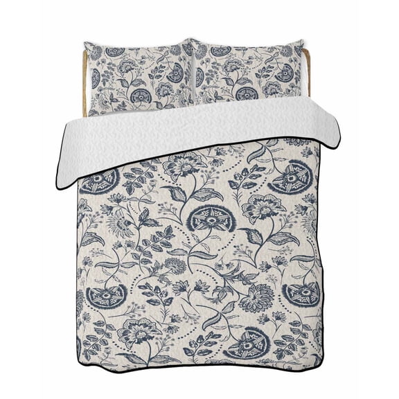 Quilts Full Size Bedding Set, Vintage Spring Floral Lightweight Quilted Comforter, Retro Farmhouse Summer Botanical Soft Reversible Bedspread Coverlet with Pillow Covers for All Season, 78" x 90"