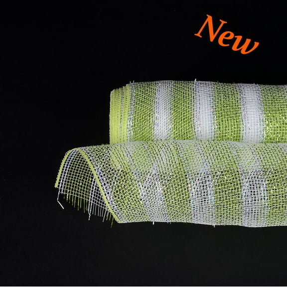 Apple Green with Silver Lines - Poly Deco Mesh Wreath Material with Laser Mono Stripe - ( 21 Inch x 10 Yards )