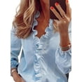 thumbnail image 3 of Cilcicy Women Elegant Long Sleeve Ruffle Shirt V-Neck Stand-Up Collar Blouse, 3 of 4