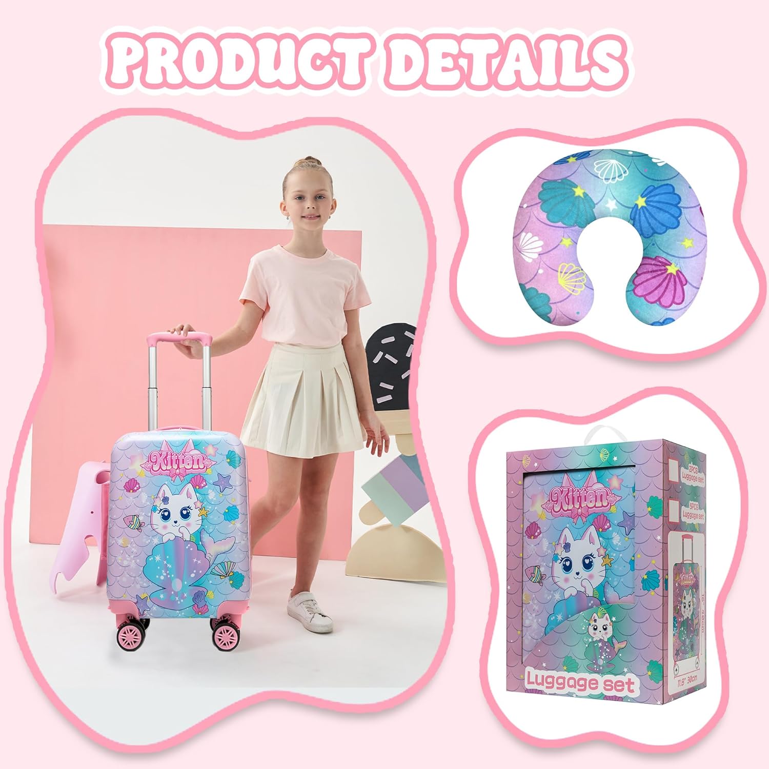 Kids Carry on Luggage Sets Rolling Suitcases for Girls with Wheels Hardshell Pink Suitcase with Duffle Bag for Travel Neck Pillow Airplane