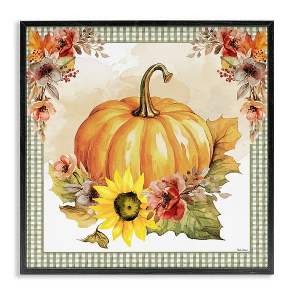 Stupell Industries Pumpkin with Flower Accent Botanical & Floral Painting Black Framed Art Prints Wall Art, 12 x 12