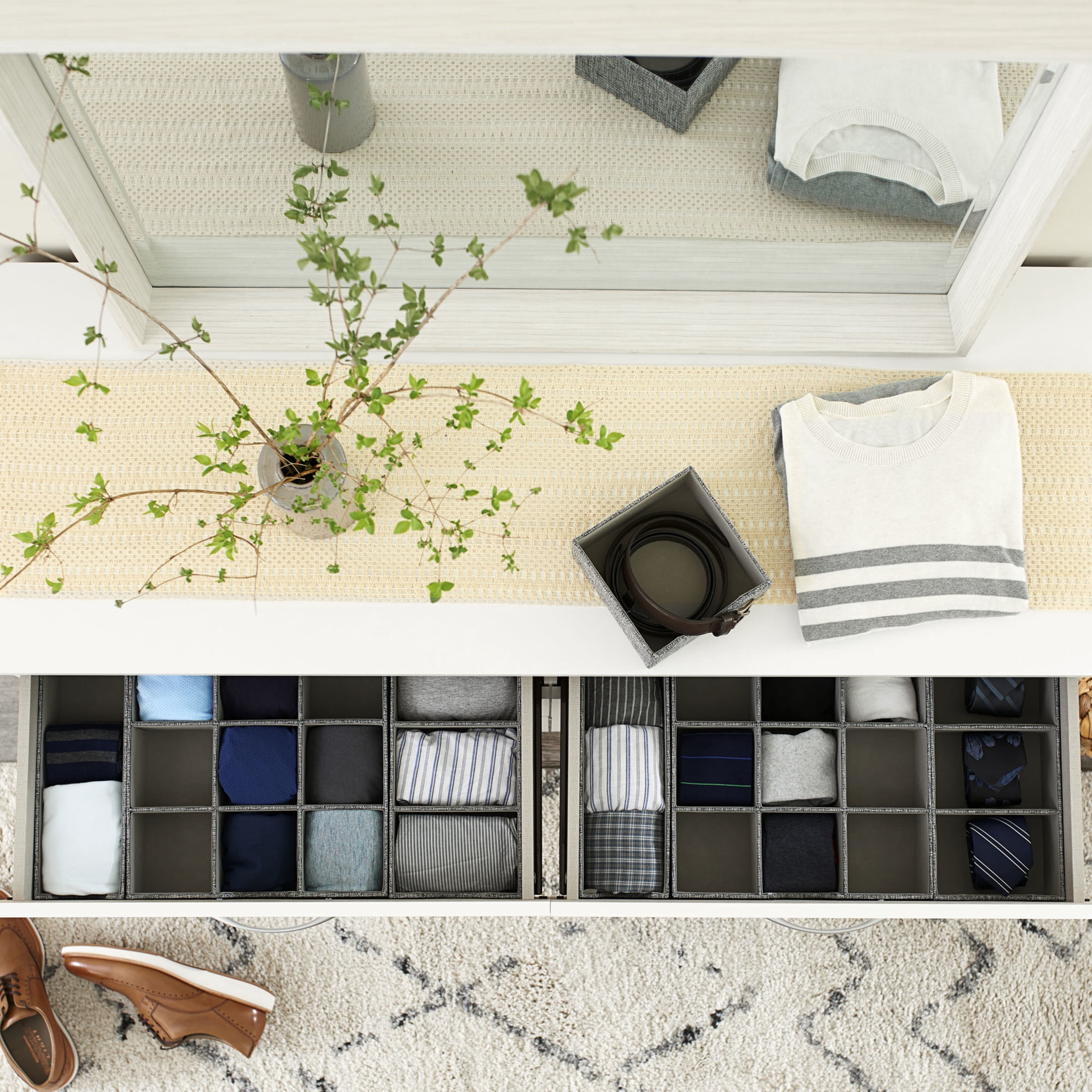 Household Essentials 3-Compartment Drawer Organizers, Pack of 2, Sturdy Chipboard Base with Soft Polyester Linen Covering, Fashionable Organization Solution, 3” H x 6” W x 12” D, Graphite Linen