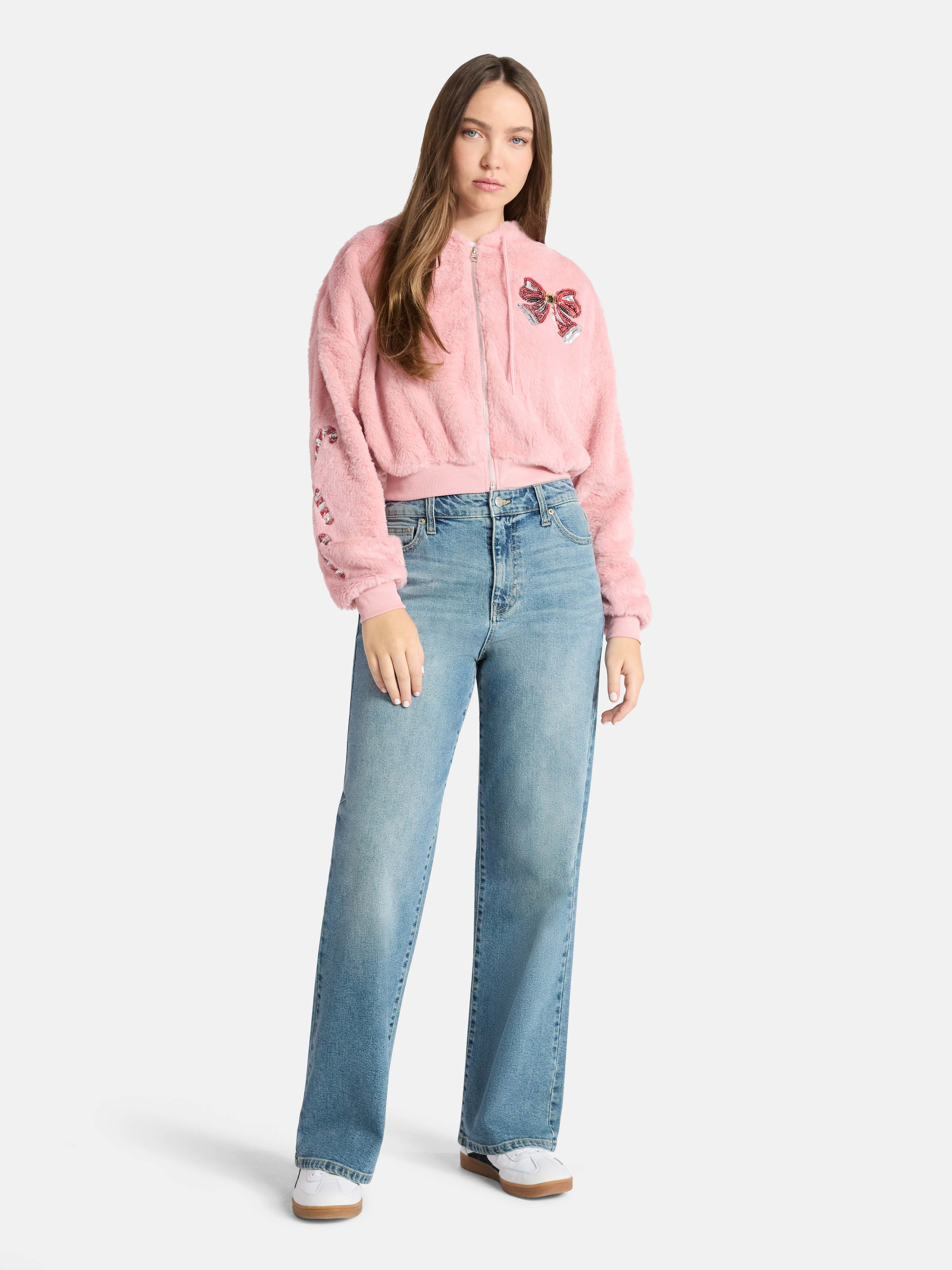 No Boundaries Christmas Plush Jacket, Women's & Women's Plus