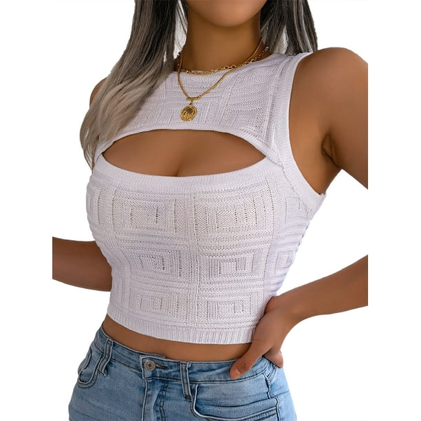 xiaxaixu Women's Ribbed Knit Tank Crop Tops Sexy Sleeveless Cut Out Slim  Fit Sweater Vest Crop Tank Top (White, L) 