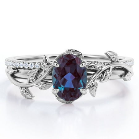 JeenMata Prong Setting 1.5 Carat Ovate Lab Created Alexandrite and Moissanite Leaf Design Wedding Ring Set in 18K White Gold Plating over Silver