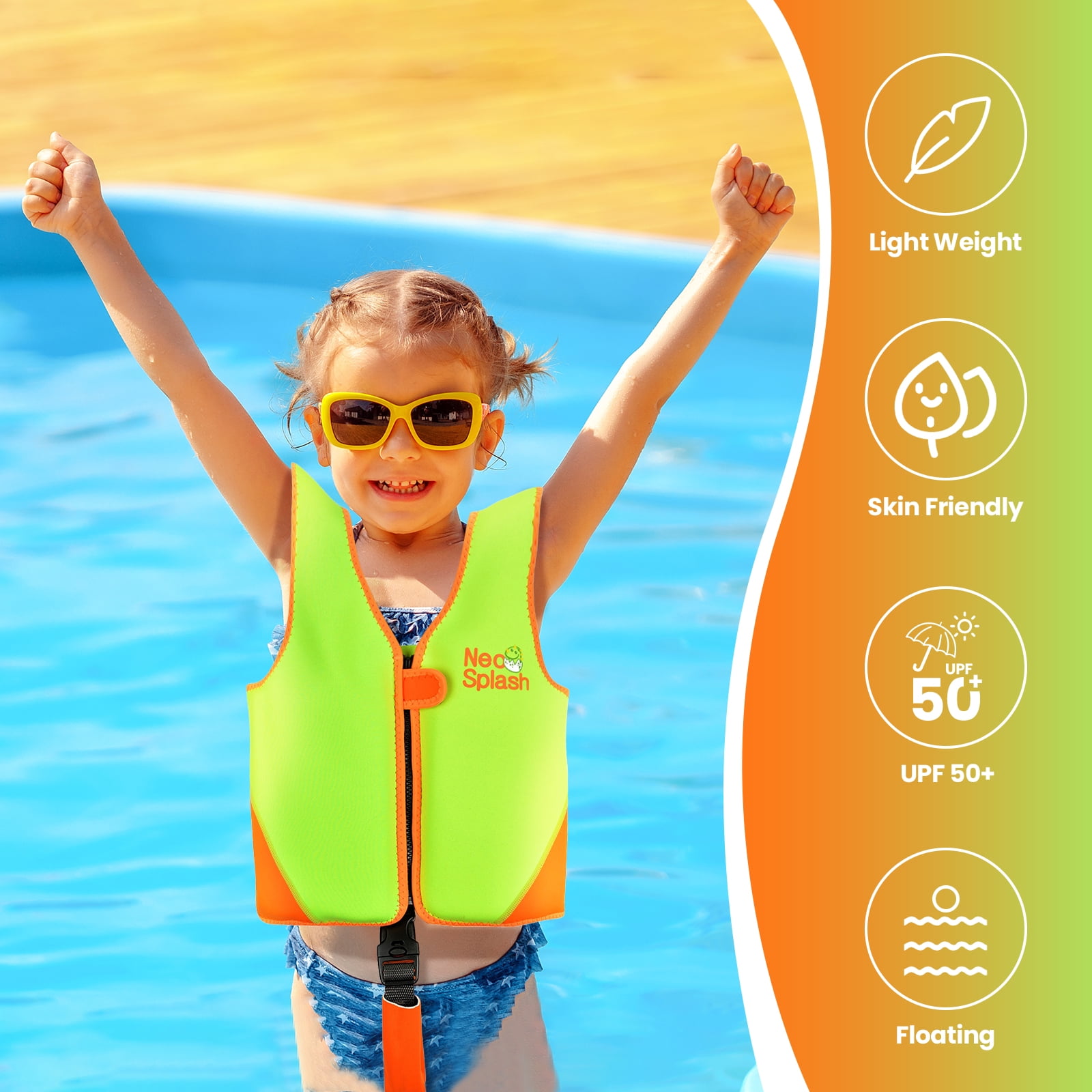 NEO-SPLASH Toddler Swim Vest, Neoprene Life Jacket for Kids Ages 1-3 (24.3-41.8 lbs), Green Dinosaur