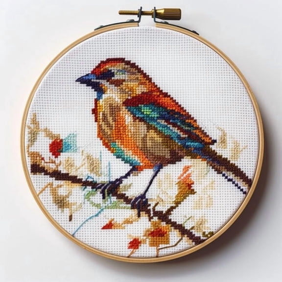 Stamped Cross Stitch Kits with Hoop for Starter Kits Sparrow Bird DIY 11CT Pre-printed Patterns Needlepoint Embroidery Needlework Kit for Home Decor 38x38cm (268)