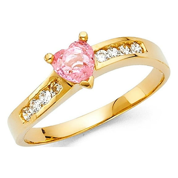 Pink CZ Heart Ring Solid 14k Yellow Gold Love Band Promise Ring Fashion Stylish Polished Fancy, Size 7
