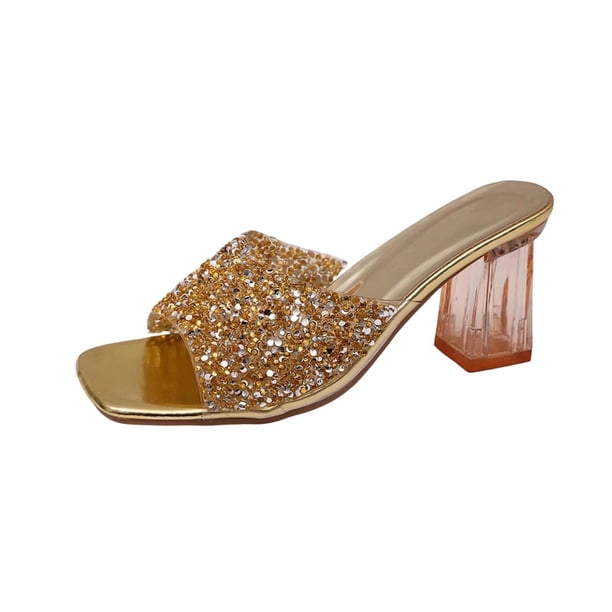 Sandalias de Mujer Cómodas Glitter Peep Toe Mules, Bloque de Talón Sandalias Transparentes de Cristal Verano