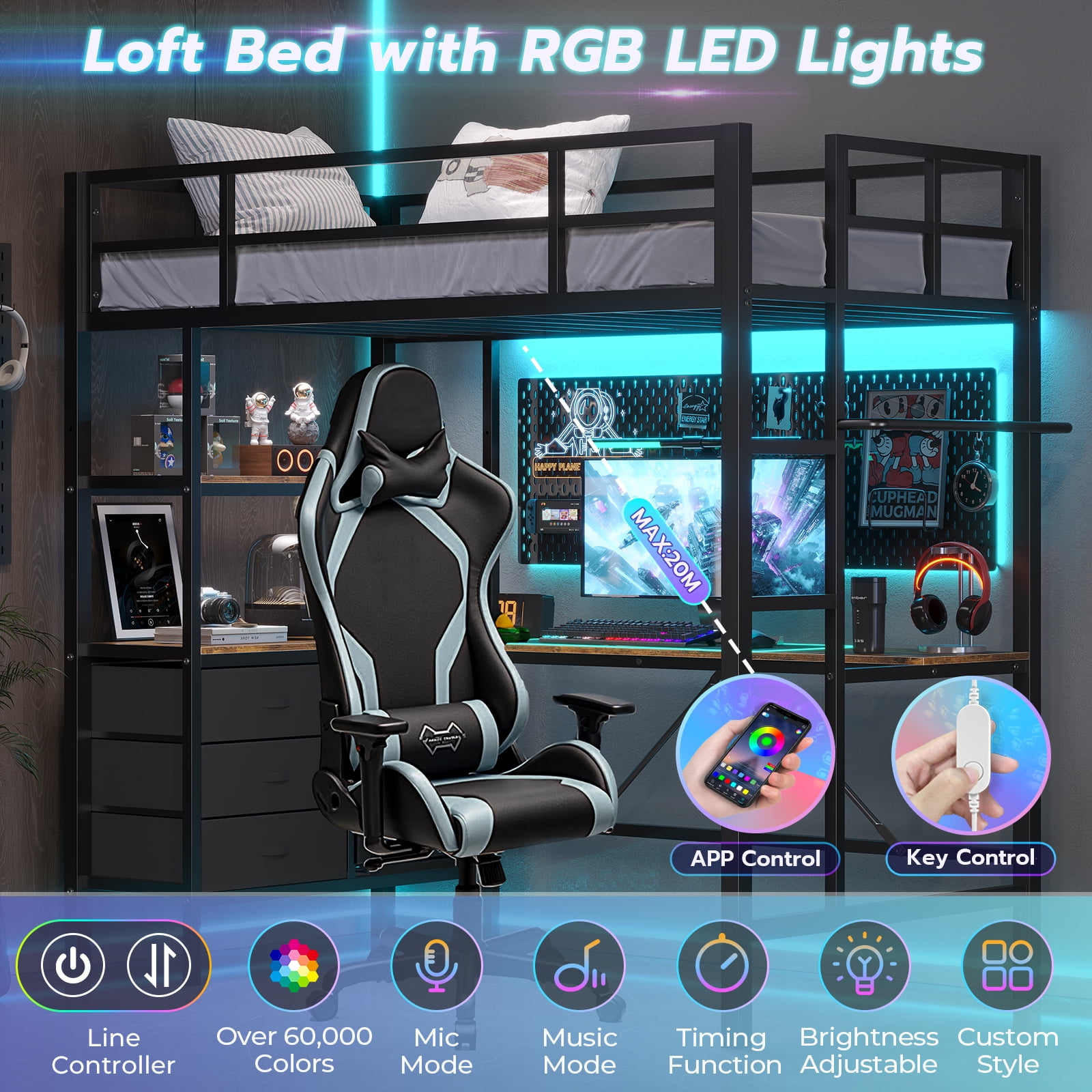 Twin Metal Loft Bed Frame with L-Shaped Desk&LED Lights&Charging Station, Black LED Loft Bed with 3 Storage Shelves&Drawers, Safety Guard & Stairs