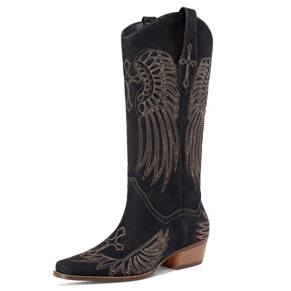RONILURN Women's Embroidered Western Cowboy Boots Mid Calf Square Toe Chunky Heel Boots for Women
