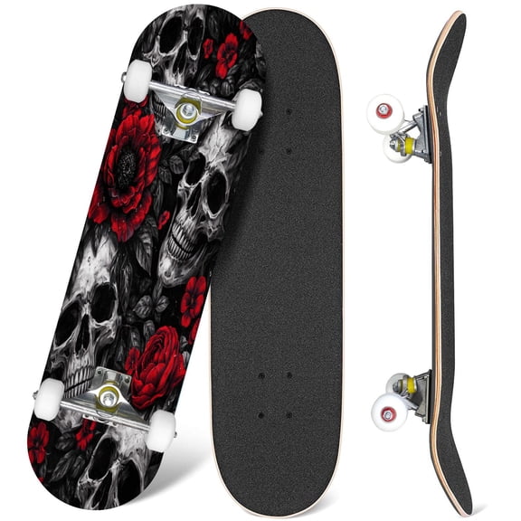31'' Complete Skateboard 7 Layer Canadian Maple Double Kick Deck Skateboards Skulls Red Roses Dark Gothic Floral Skate Board for Beginner Adult Gifts