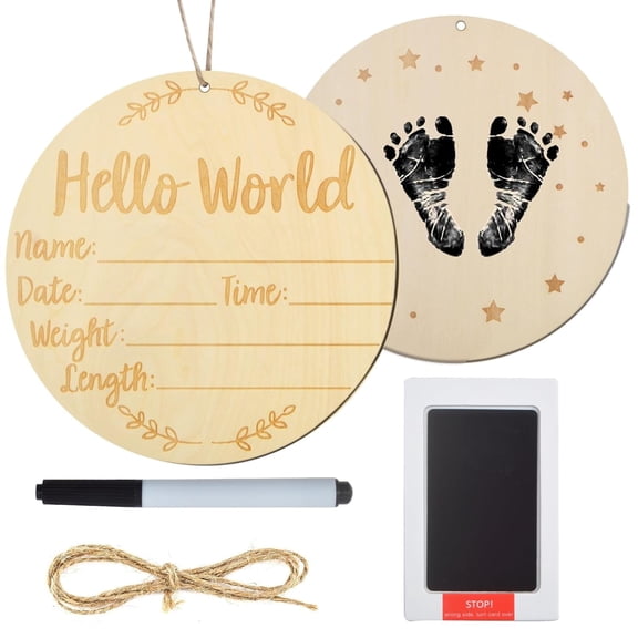 Baby Announcement Sign, Round Baby Nursery Name Signs with Marker Pen and Ink Pad Wooden Hello World Newborn Welcome Sign Set for Baby Hand and Footprints Photo Props