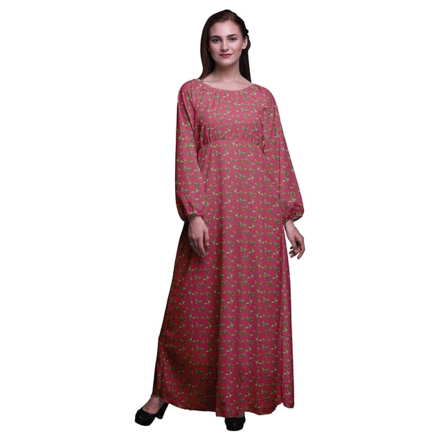 Bimba Robe Maxi à Manches Longues Élastique à la Taille Imprimée Feuilles de Thé pour Femmes - Moyen