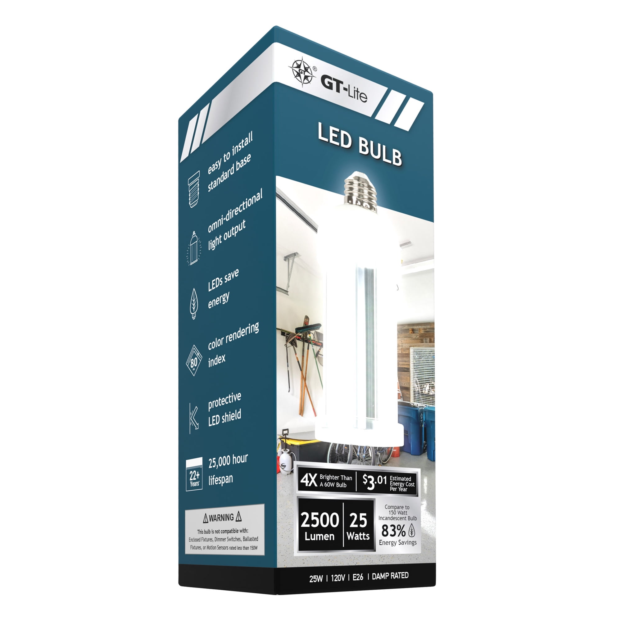 GT-Lite 25W LED Cob Light Bulb for Garages and Workshops, 2500 Lumens, 5000K Daylight, E26 Base