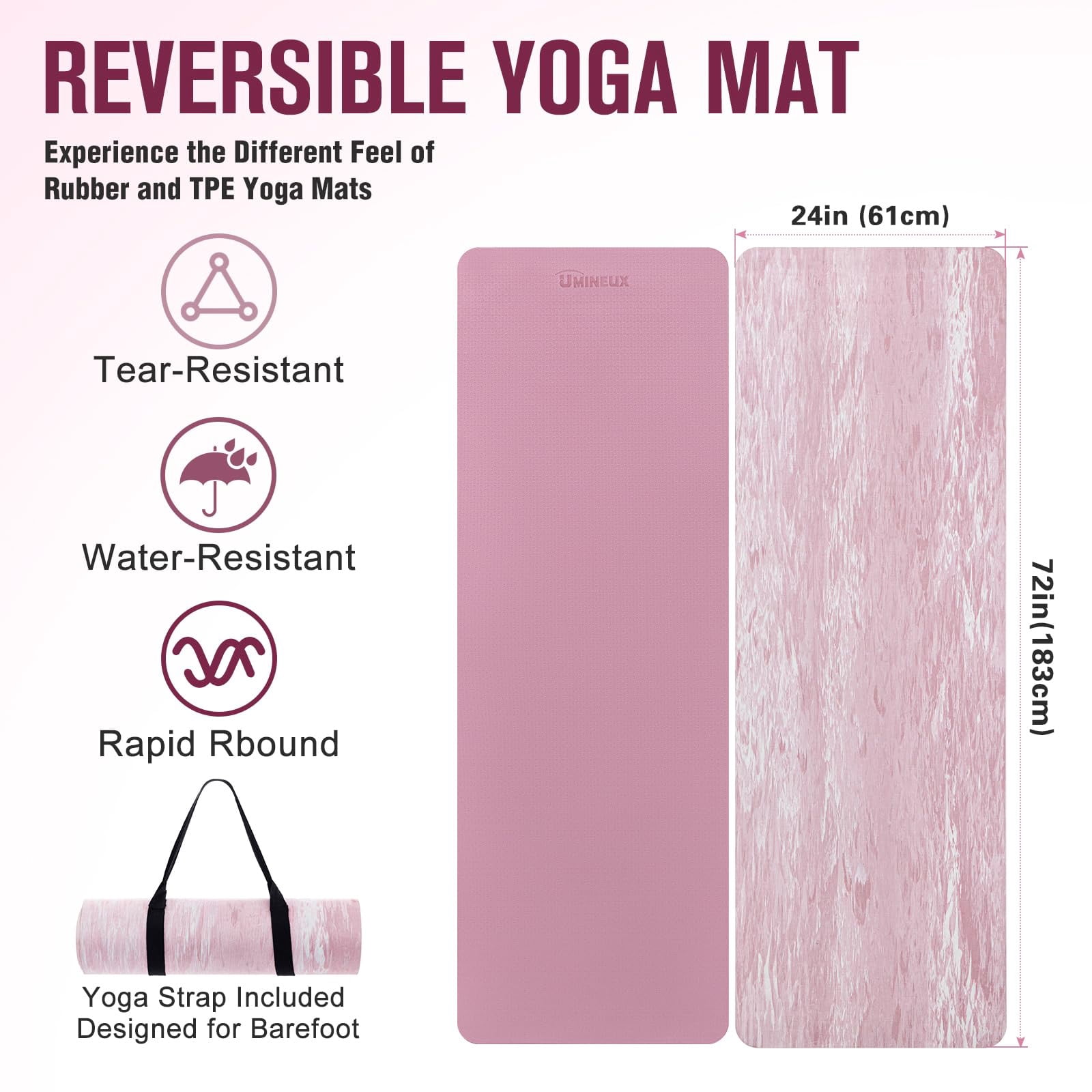 UMINEUX Extra Thick Yoga Mat, 2/5 Inch (10MM), Natural Rubber and TPE Non Slip Yoga Mats with Strap for Women Men, Eco Friendly Exercise Mat for Yoga, Pilates, Pink