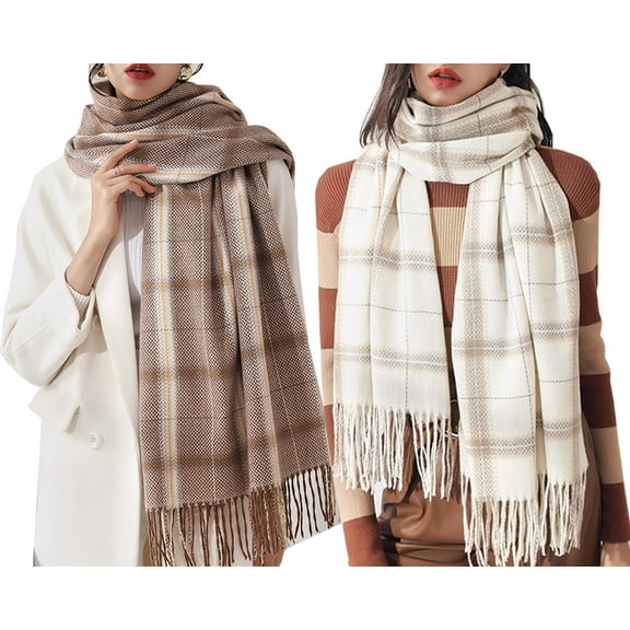 Curve Muse Women Fashion Long Shawl Winter Warm Lattice Large Scarf With Tassel-2 Pack-Pack C