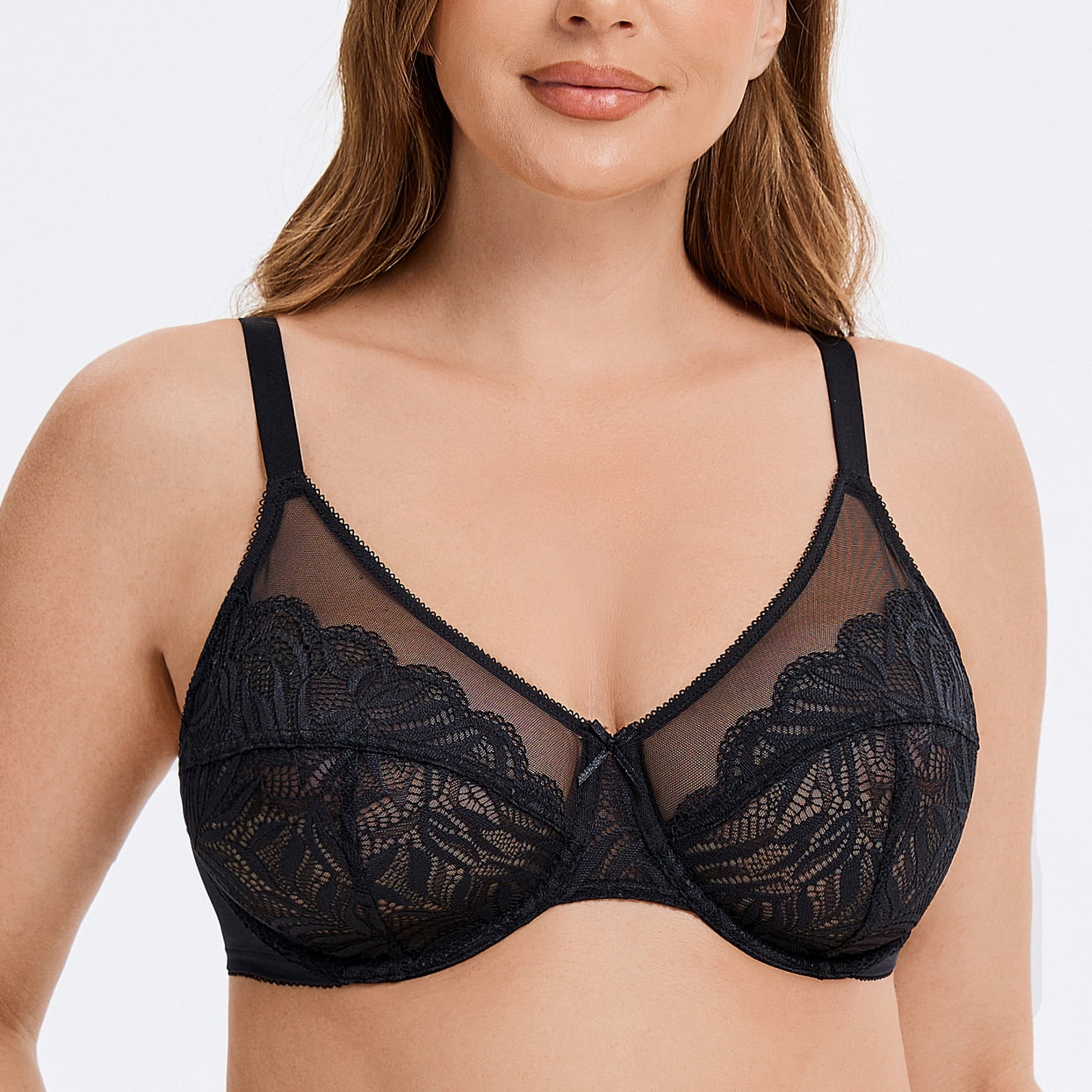 MELENECA Women's Minimizer Bras for Large Bust Underwire Plus Size Full Coverage Lace Bras Black 42E