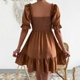 thumbnail image 5 of Mrat Women's Short Puff Sleeve Squares Neck Solid Flowy a Line Short Dresses Can Wear off Shoulder S-24 Brown s, 5 of 6