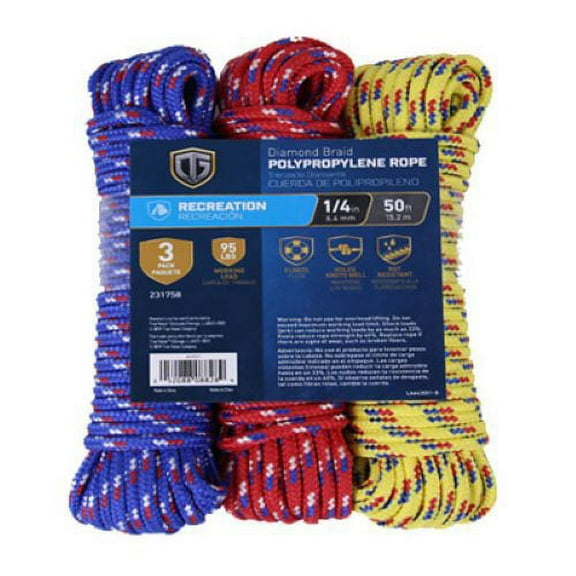 Tru-Guard 643551 3-Pack Of 1/4" Inch x 50' Foot Rolls Of Diamon Braided Lightweight Polypropylene Rope - Quantity of 3