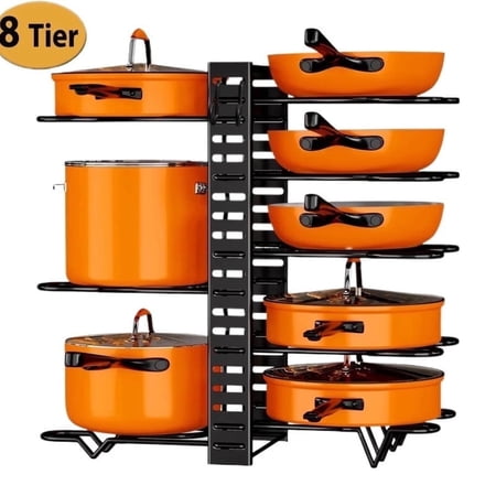 8-Tier Adjustable Pots and Pans Organizer Under Cabinet – Heavy-Duty Kitchen Storage Organization Rack for Cookware, Lids & Cutting Boards – DIY Cabinet Organizer, Under Sink Organizer