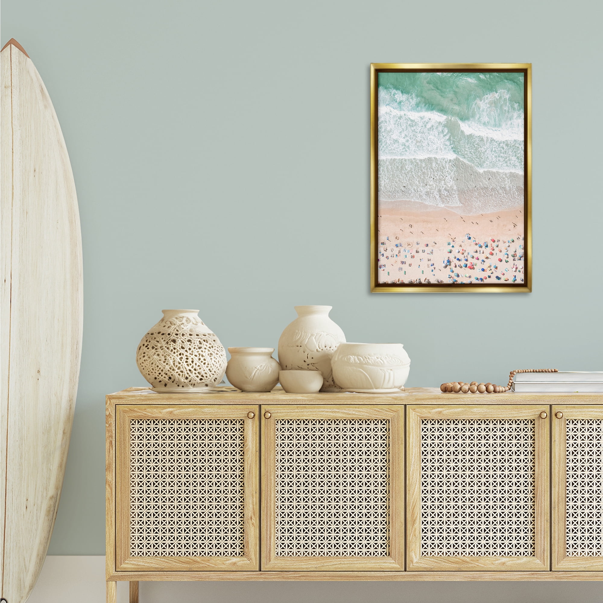 Stupell Industries Aerial Beachgoers View Nautical & Beach Painting Gold Floater Framed Canvas Art Print Wall Art, 21 x 31
