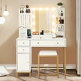 thumbnail image 3 of Vanity Desk Set – White & Gold – LED Lighted Mirror & 3-Color Dimmable Light – Power Outlet & Charging Ports – Storage Shelves, Drawers & Cabinet – Stool – Bedroom Makeup – White, 3 of 8