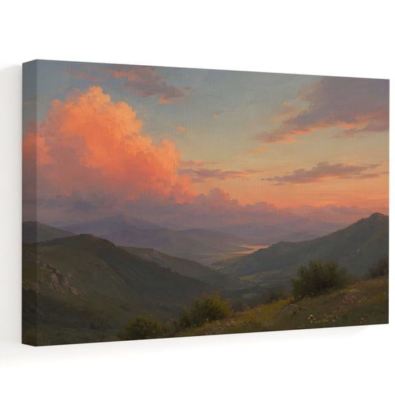 Orange Clouds Canvas Wall Art, Gray Green Mountain Peaks Valleys Forest Rustic Wall Art Prints Artwork Framed Canvas Ready to Hang Art Pictures for Living Dining Room Bedroom Hallway 24" x 20"