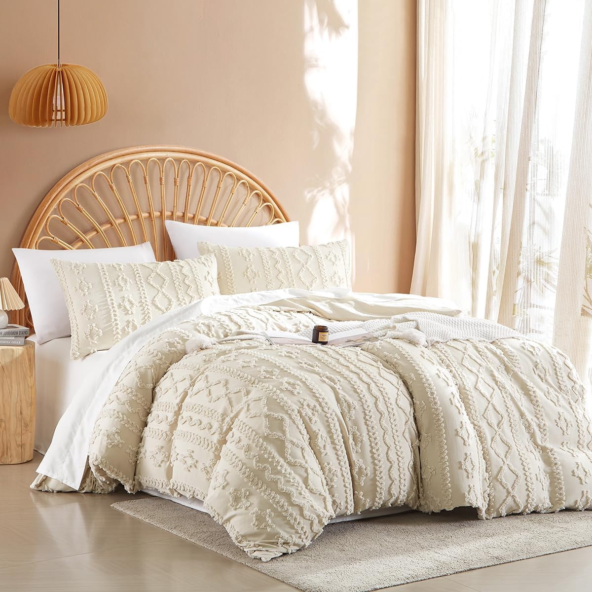JOLUSERE Jacquard Sandflow Pattern Tufted Duvet Cover King Set, 3 Pieces Boho Ultra Soft Embroidery Bedding Set, Beige