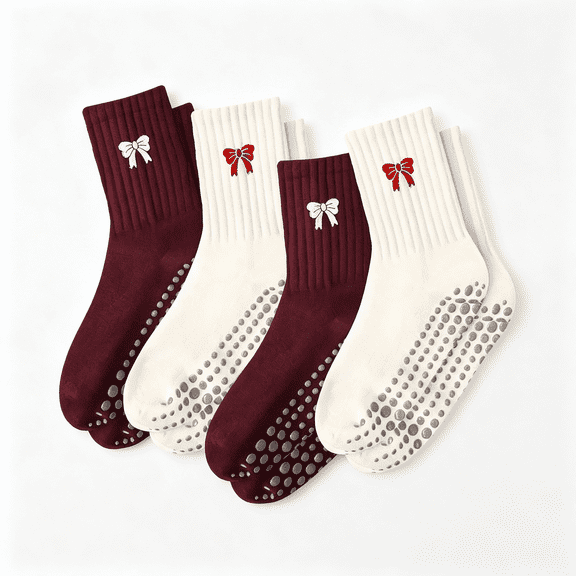 TELOLY Pilates Grip Socks for Women,Ruffle Cotton Cute Pilates Socks Yoga|Embroidery Athletic Grippy Socks for Barre Hospital Dance Ballet Fitness 5-10In,Non Slip Crew Socks for Home Slipper