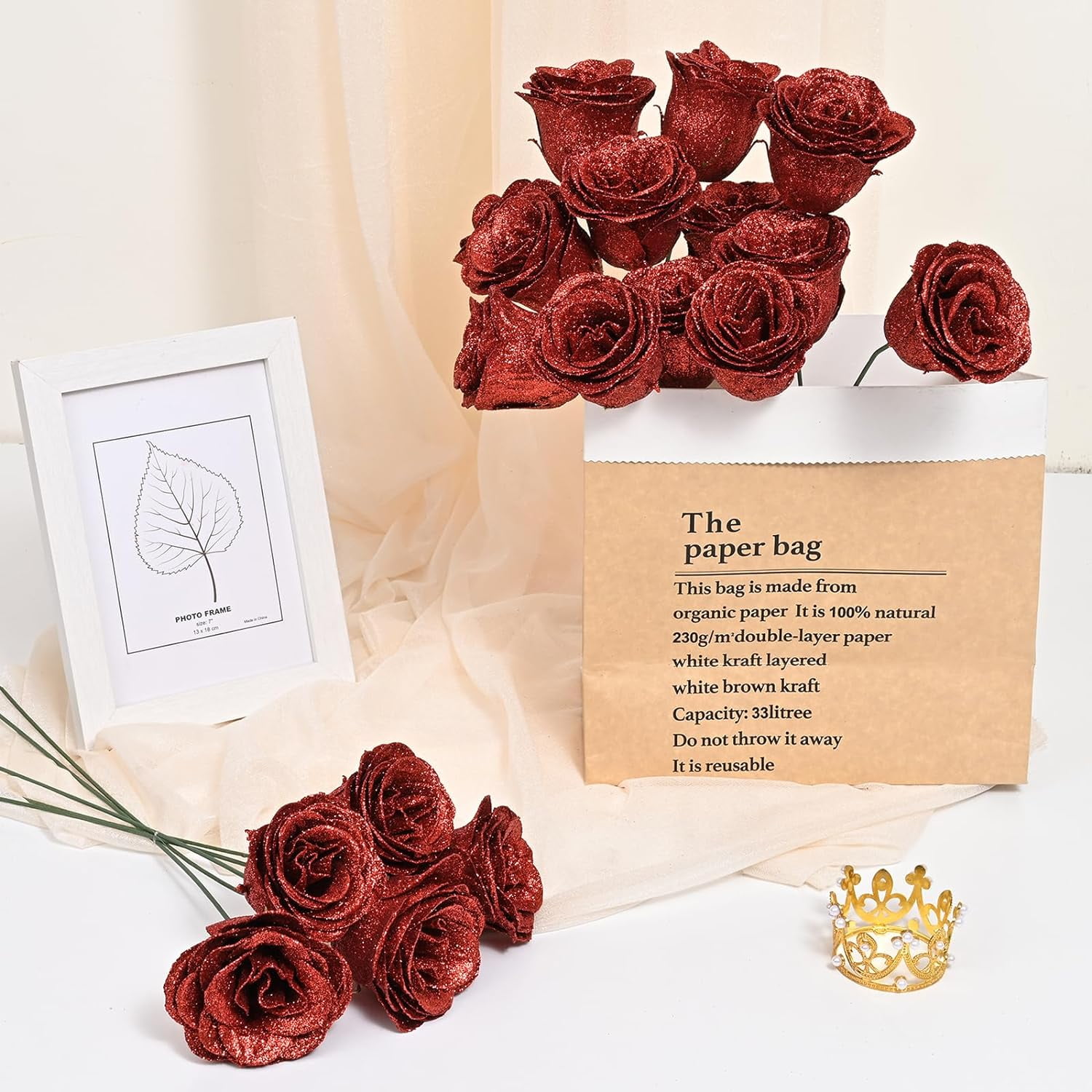 Waipfaru Glitter Roses Bouquet,24pcs Artificial Rose Flower,DIY Glitter Everlasting Rose Bouquet with Stem for Graduation,Engagement,Anniversary,Wedding