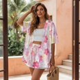 thumbnail image 3 of FKEKYI 2 Piece Short Set for Women Summer Shirt Top & Shorts with Elastic Waist Pink Cherry Flower Print Casual Loungewear Resort Wear Ladies Vacation Outfits, M, 3 of 7