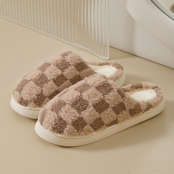 Classic Block Check Slippers for Women Ladies Warm Fleece-lined Slipper with Fuzzy Upper and Collarette Breathable Cozy Comfortable Winter Autumn Indoor Outdoor Shoes
