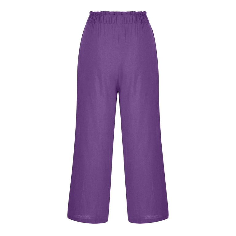 Clearance RYRJJ High Waist Linen Capris Pants for Women Casual Summer Wide  Leg Elastic Women Cotton Capris Summer Ruffle Cropped Pants(Purple,S) 