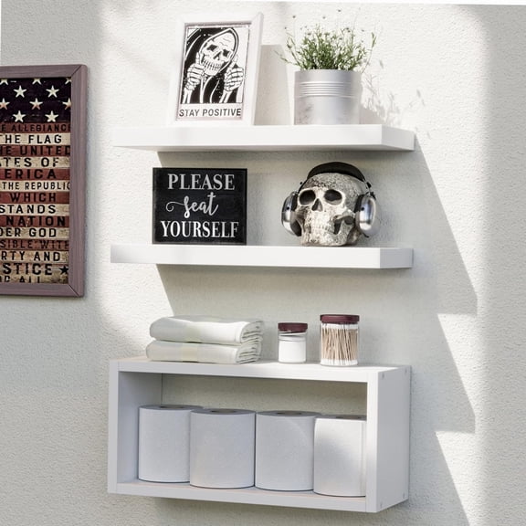 3-Set White Floating Wall Shelves, Bathroom Shelf with Over Toilet 20 Pounds, White