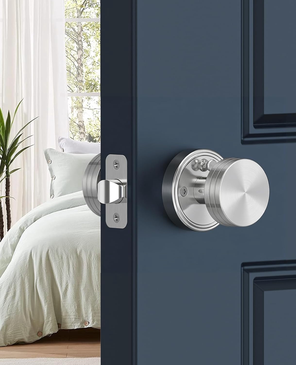 Klamerit Privacy Satin Nickel Door Knobs Heavy Duty Zinc Alloy Round Interior Door Knobs with Lock,for Bathroom & Bedroom
