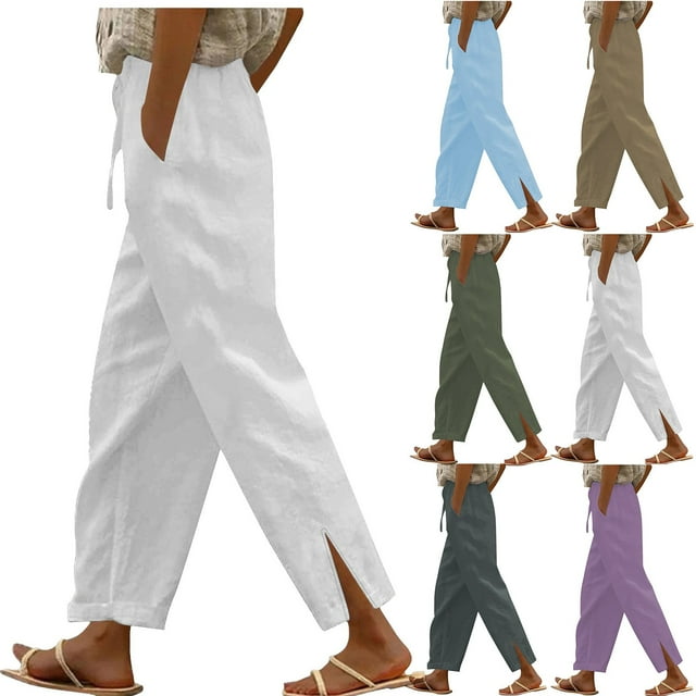 Sentmoon Ladies Pants Solid Color Drawstring Elastic Waist Work Pants Women Stretch Oversized Relaxed Fit Wide Leg Linen Clothes for Women for Summer and Hot Weather