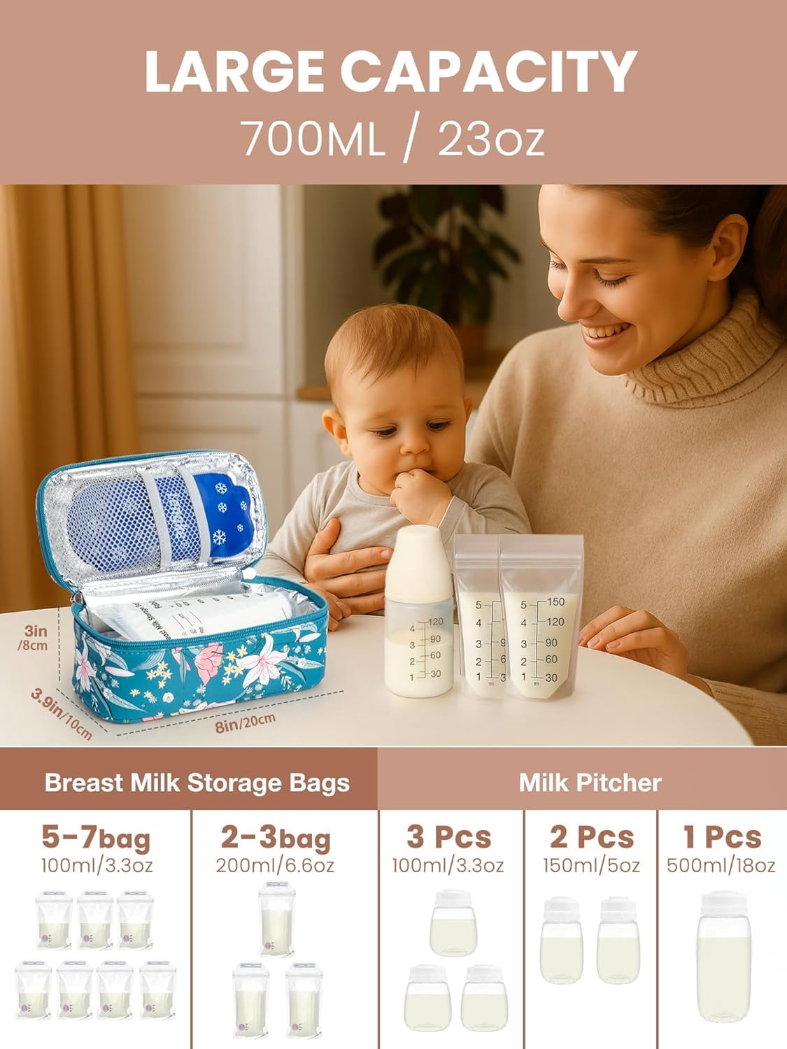 SUNMON Breast Milk Cooler Travel Bag, Real-Time Temperature Display, Holds 4-6 Breastmilk Storage Bag with 2 Breast Milk Ice Pack, Cooling & Waterproof Portable Cooler for Moms on The Go(Lily)