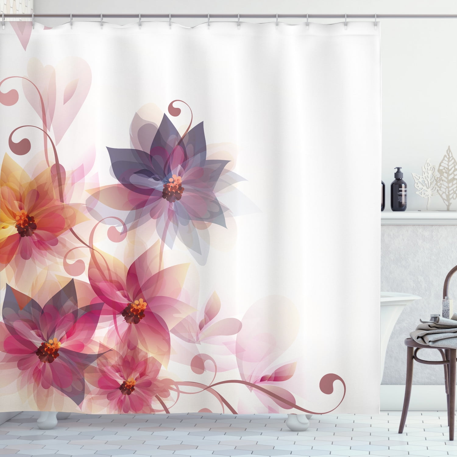 Abstract Shower Curtain, Modern Floral Design with Burts and Leaves Detailed Romantic Image, Fabric Bathroom Set with Hooks, 69W X 70L Inches, Pink Purple and Orange, by Ambesonne