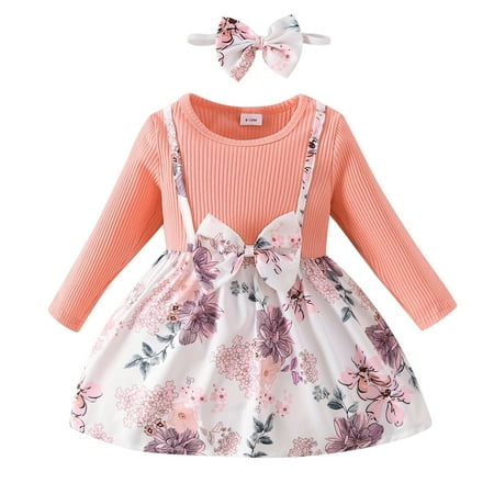 

QBGSAY Toddler Girls Dress Winter Long Sleeve Flower Print Bow Dress With Headbands Loose Dresses
