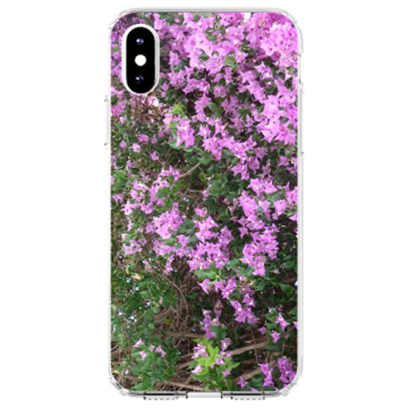 DistinctInk Clear Shockproof Hybrid Case for iPhone XS Max (6.5" Screen) - TPU Bumper, Acrylic Back, Tempered Glass Screen Protector - Purple Flowers Mykonos Greece