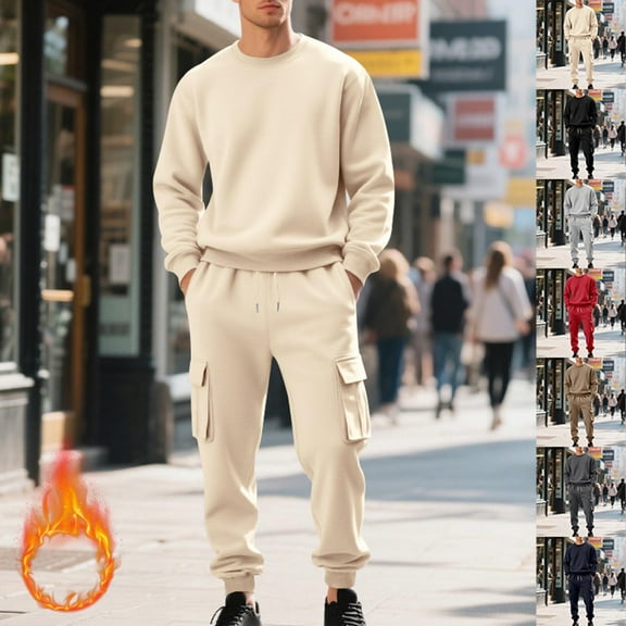 RYDCOT Mens Loose Sweatsuits 2 Piece Sets Round Neck Long Sleeve Pullover Sweatshirt Drawstring Cargo Pants Casual Jogger Suits Sets Red