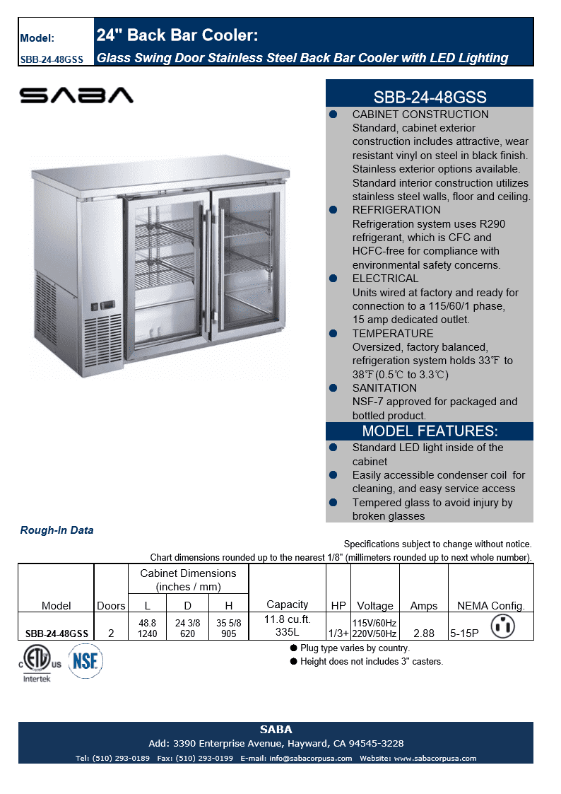 Heavy Duty Commercial Stainless Steel Back Bar Cooler with 2 glass doors (24" depth 48" length)