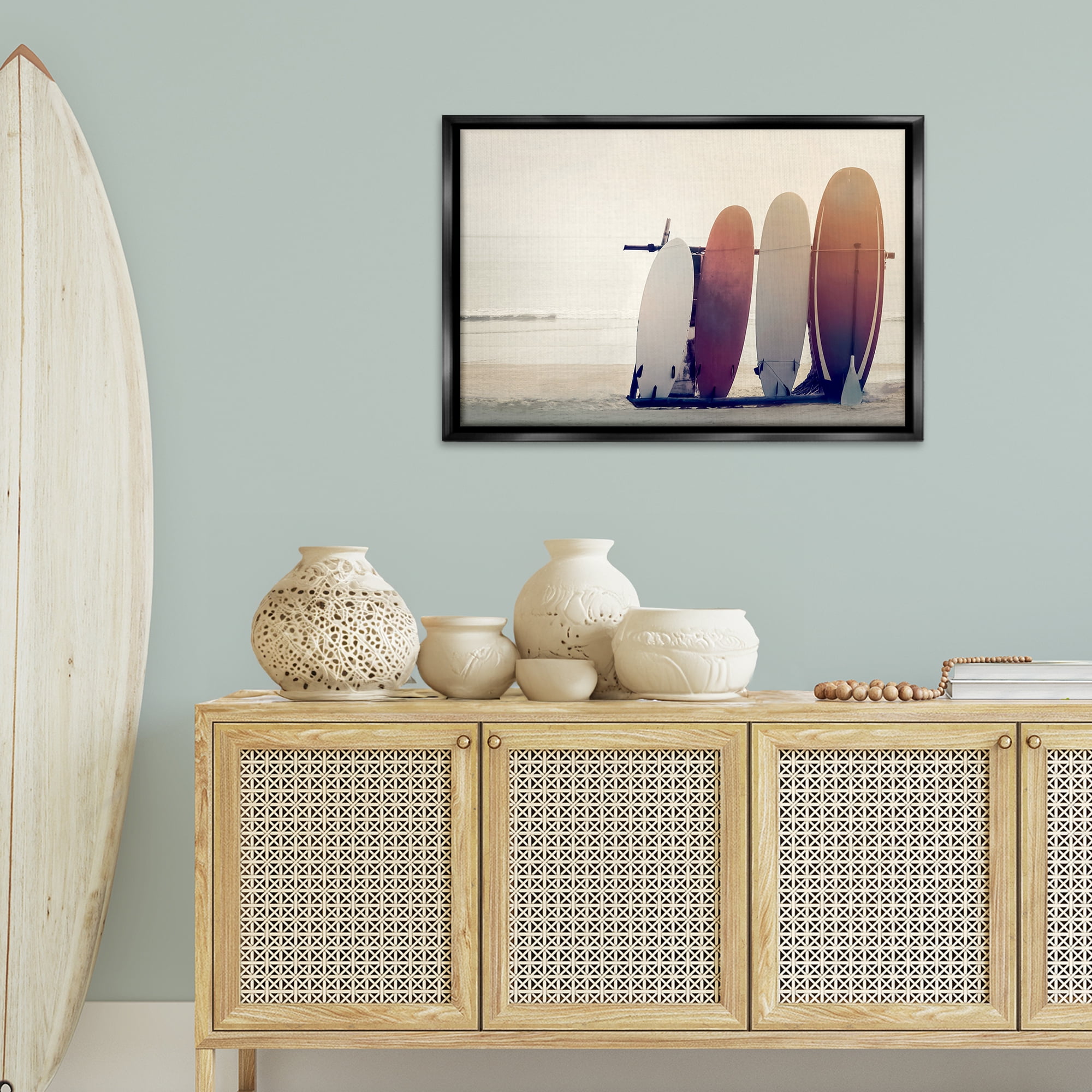 Stupell Industries Beach Surfboards Leaning Landscape Photography Black Floater Framed Canvas Art Print Wall Art, 31 x 21