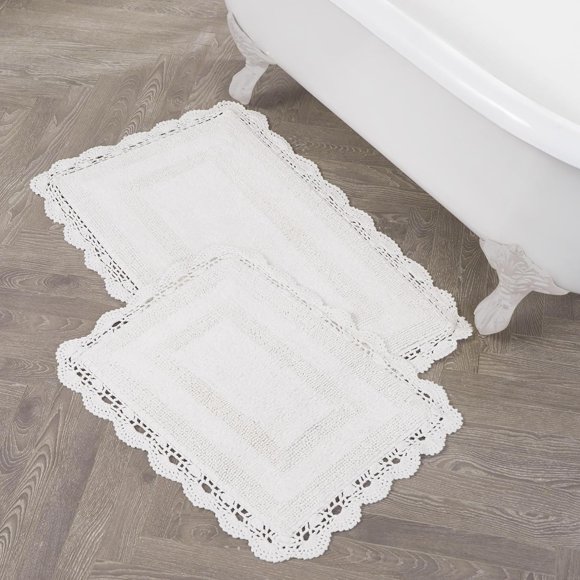 Woeilo Crochet Cotton 17x24/21x34 in. 2-Piece Bath Rug Set, Creamy White Creamy White 1'9" x 2'10" (Runner)