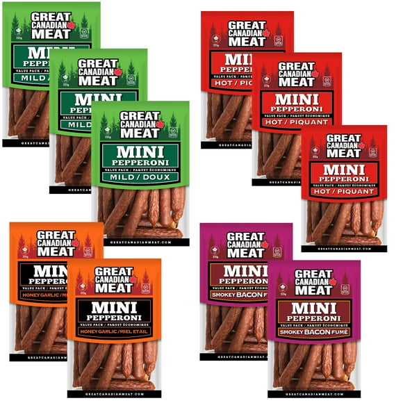 Great Canadian Meat Variety Flavour Mini Pepperoni 10-Pack Bulk Snack Box - Smokey Bacon, Honey Garlic, Hot, Mild - 10 x 225g Bags - High Protein, Keto Friendly, Gluten-Free Meat Snacks