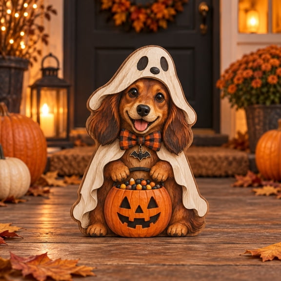3-Layer Halloween Ghost Pet Wooden Stand, Dachshund Pumpkin Freestanding Porch Display for Dog Lovers