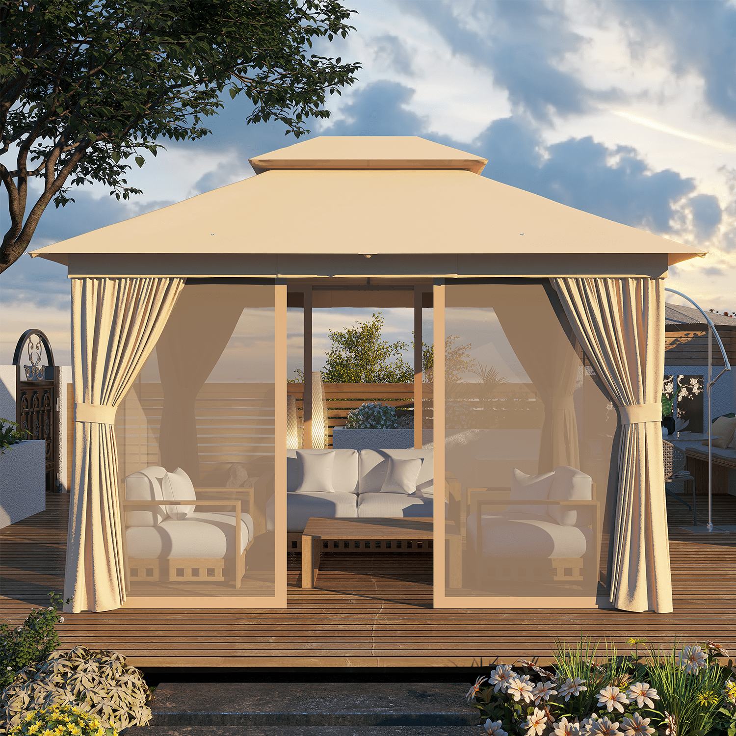 Sunmthink Outdoor Gazebo for Patio 10'x12', Metal Frame Canopy with Double Roofs, Heavy Duty Party Tent and Shelter with Mosquito Netting and Privacy Screen for Backyard,Garden,Deck (Beige)