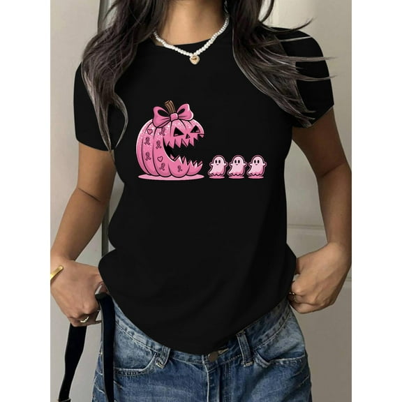 Women's Pink Pumpkin Ghosts Graphic Tee T Shirt Top Fashion and Cotton Short Sleeve Round Neck Black S-5XL