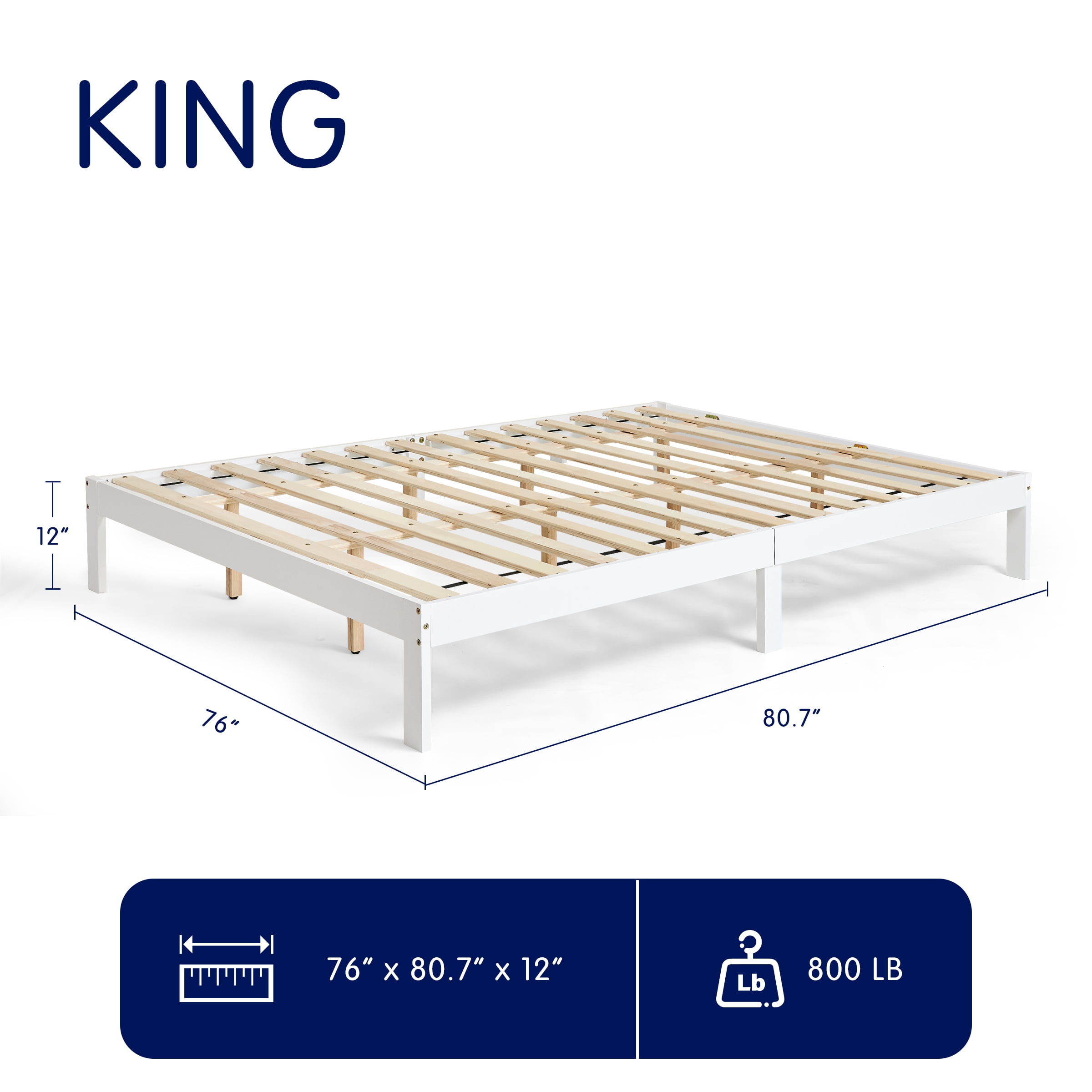 King Size Bed Frame, Solid Wood Platform with Wood Slat Support, No Box Spring Needed, White